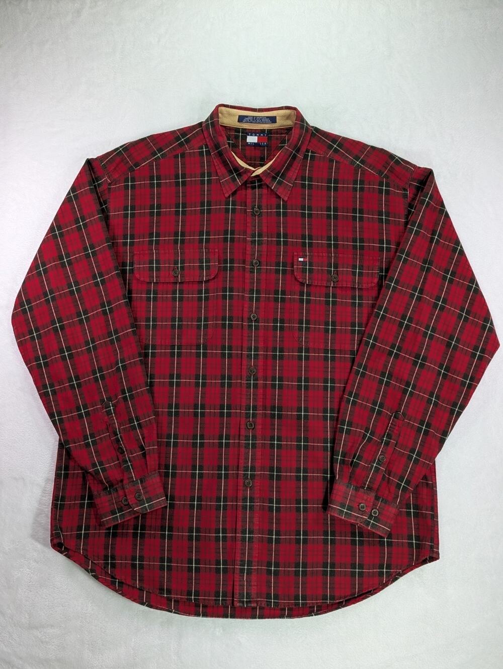 Tommy Hilfiger Vintage 90s Red Plaid Flannel Shirt Men XL Cotton
